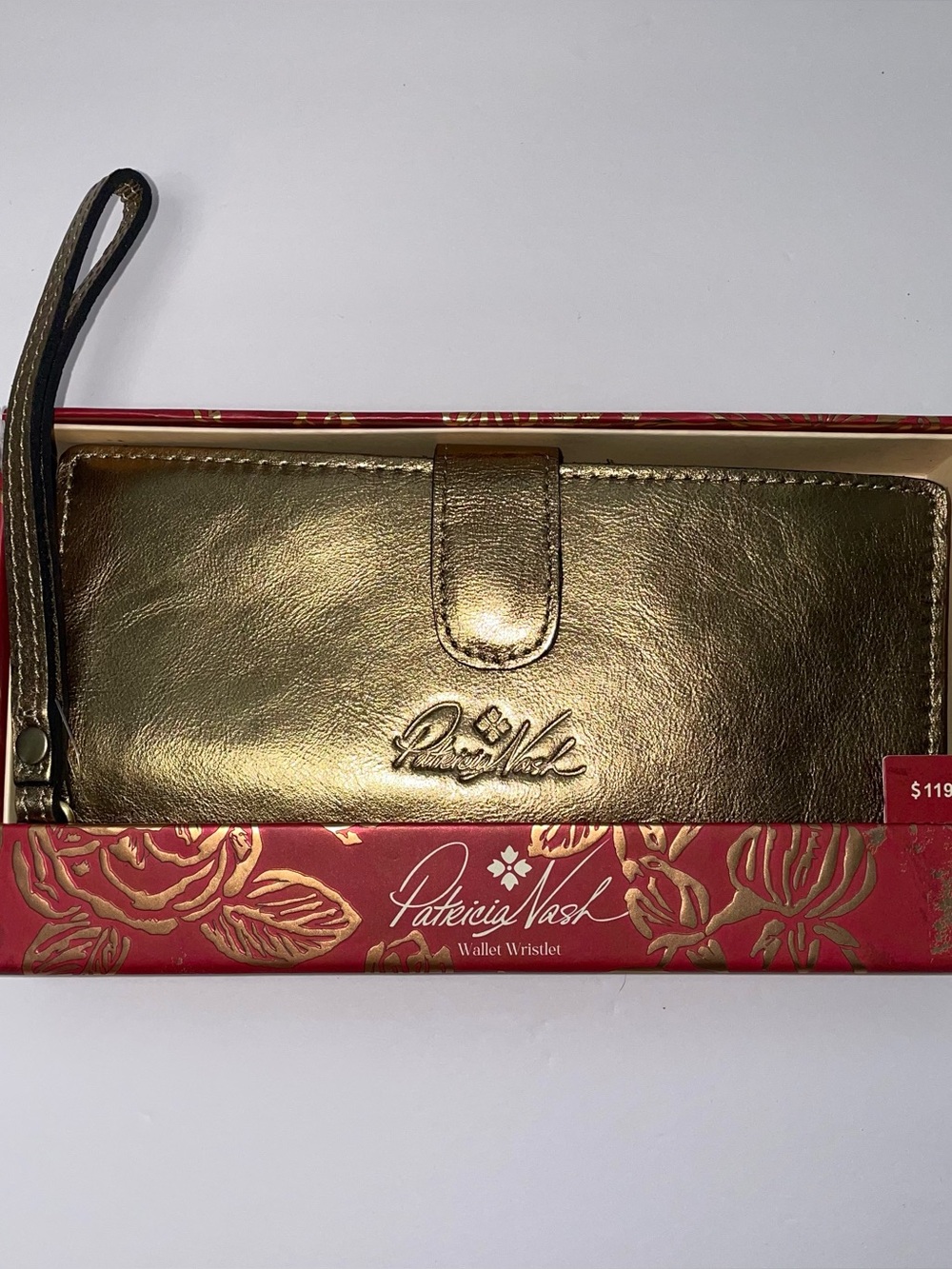 Patricia Nash Valentia Antique Gold Leather Wallet With Wristlet Strap